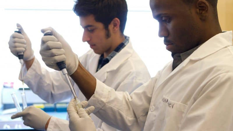 Students wearing lab coats and gloves injecting liquid into test tubes.