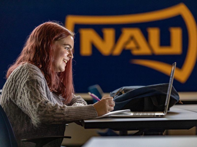 Student smiles while taking notes from content on laptop.
